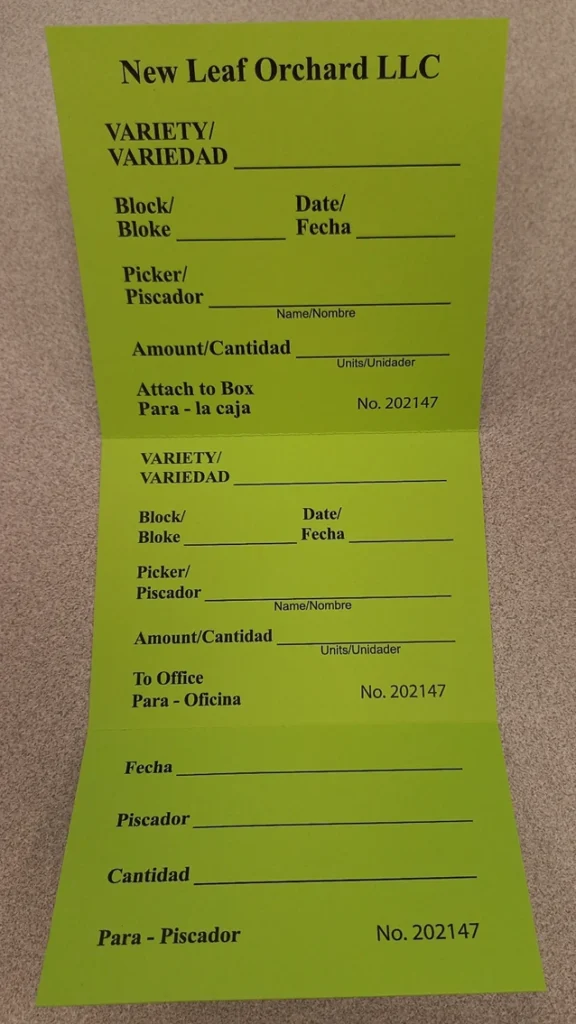 paper bin tickets for fruit orchard